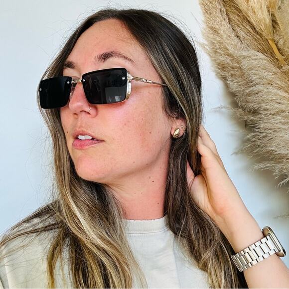 VINTAGE Y2K 90s Gold Metal Square Black Mini Etched Sunglasses Unisex Sunnies - Picture 5 of 12